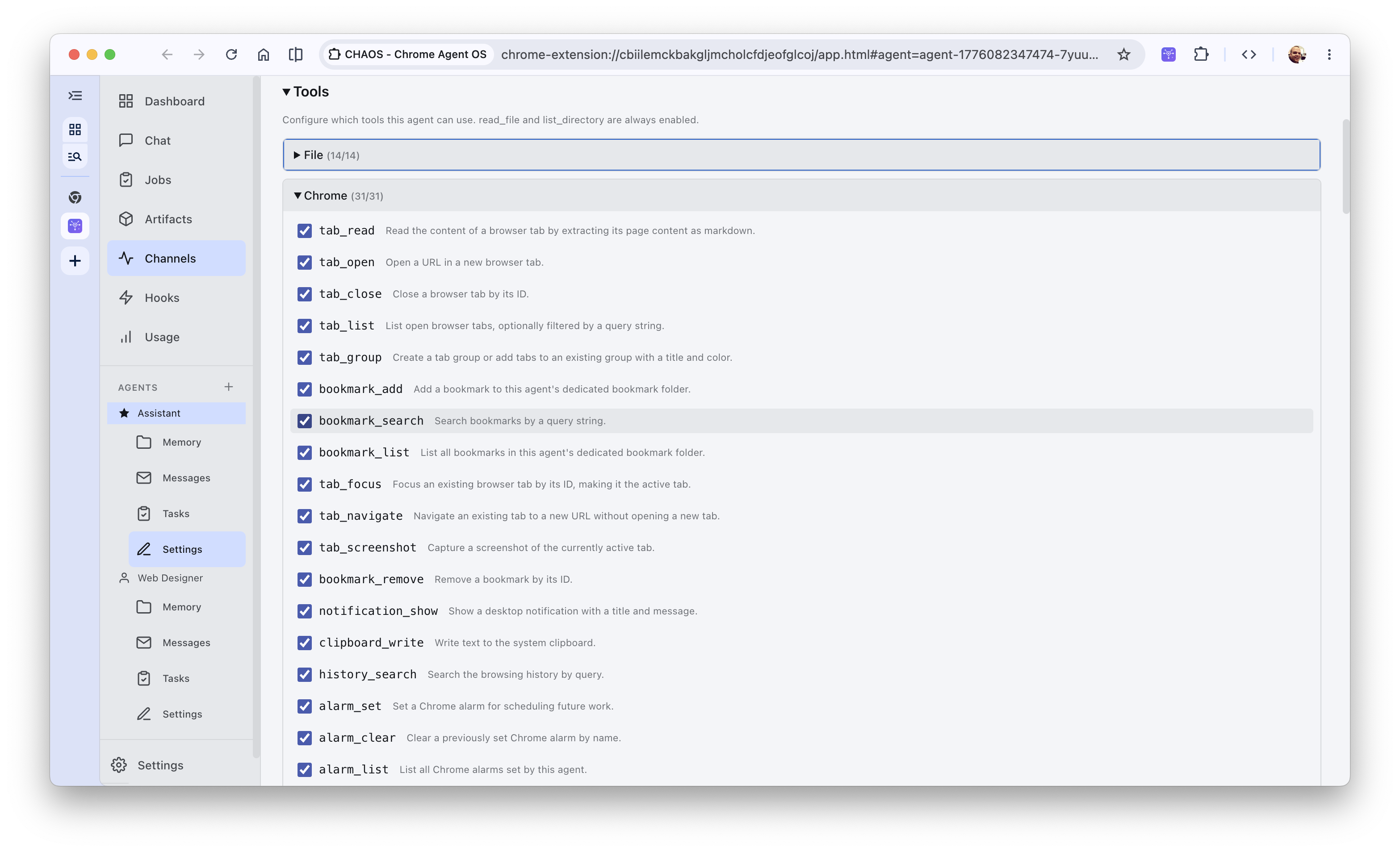 Chrome Extension settings displaying granular permission controls for Chrome-specific API tools