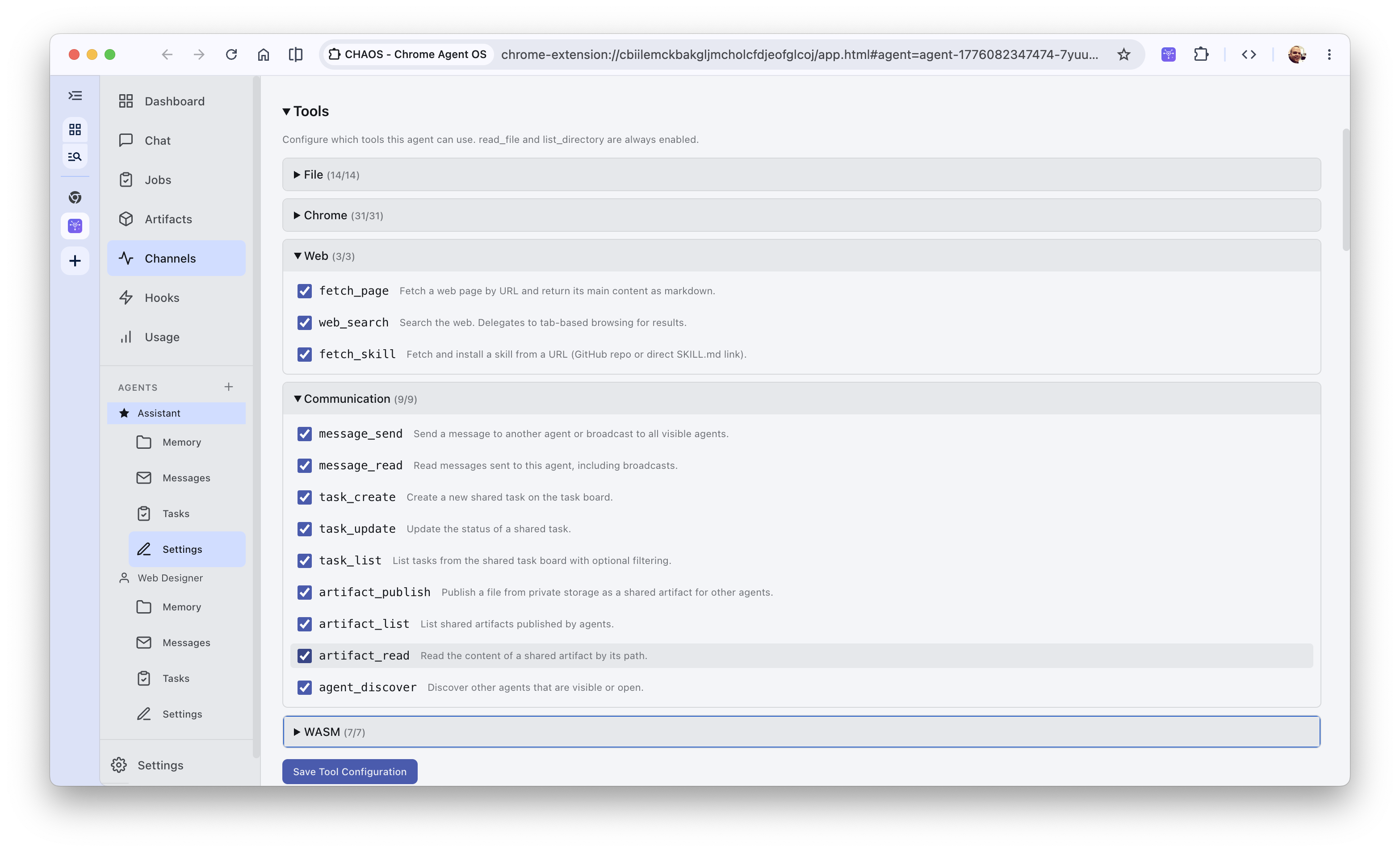 Web, communication, and WebAssembly tools configuration in the agent profile manager