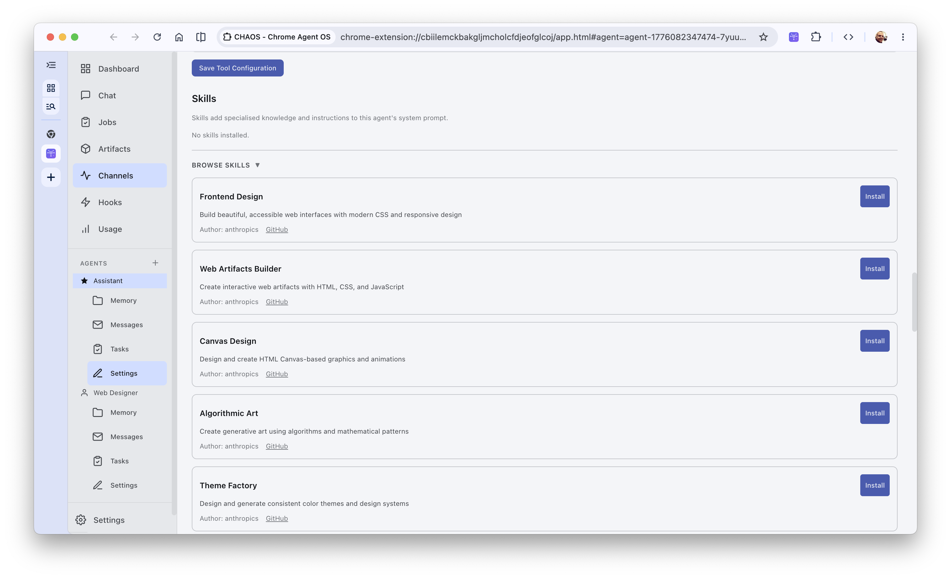 Browsing the Chaos library to install specialized skills like Frontend Design or Web Artifacts Builder