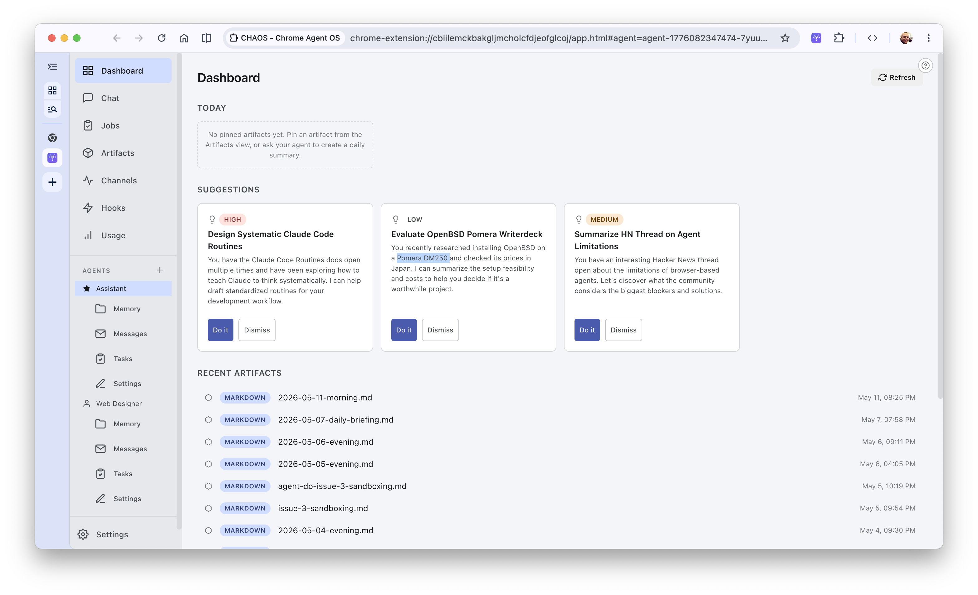 Chaos Dashboard showing suggested prompts and recent artifacts