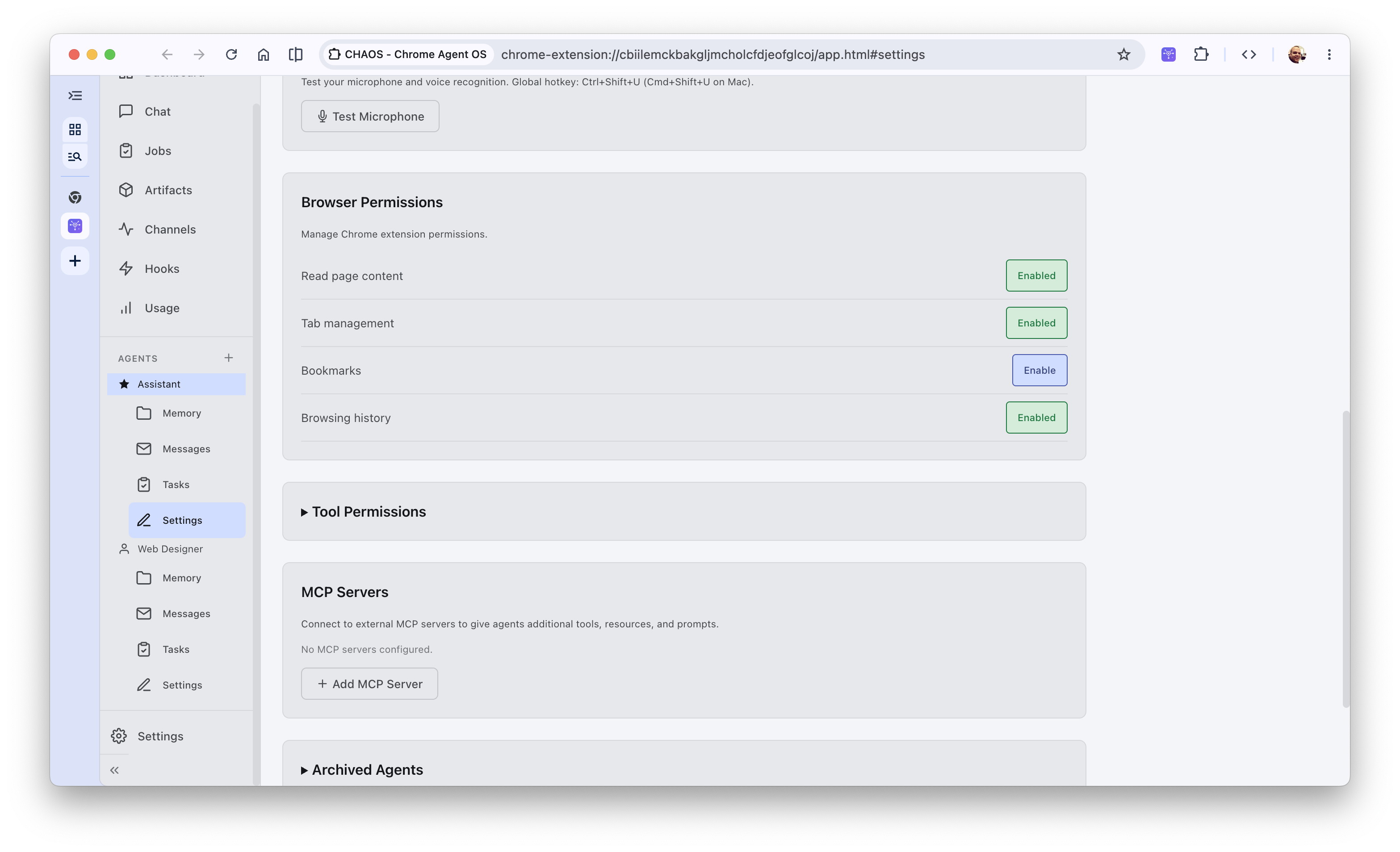 Global Settings showing browser permissions, tool grants, and external Model Context Protocol server configuration