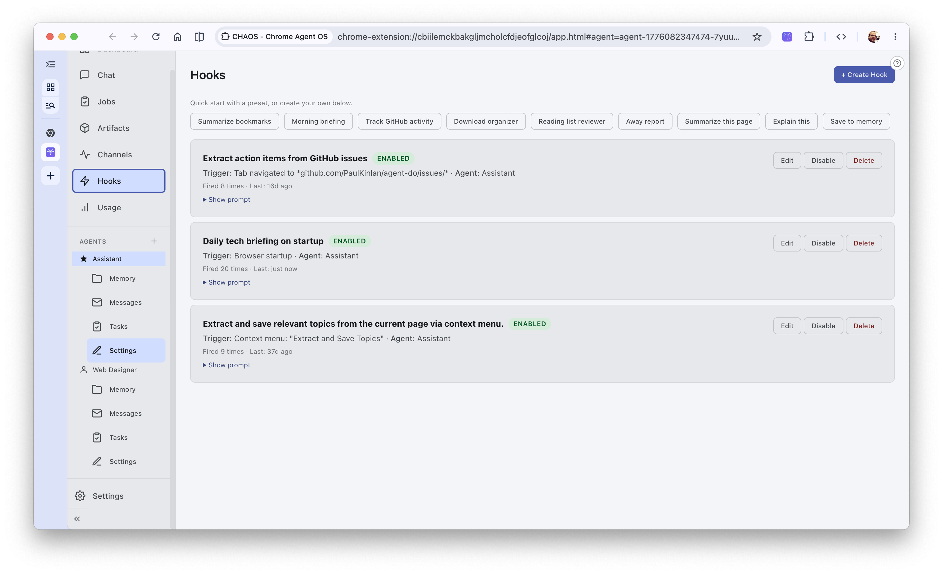 Chaos Hooks Dashboard showcasing enabled event triggers and startup briefing automations