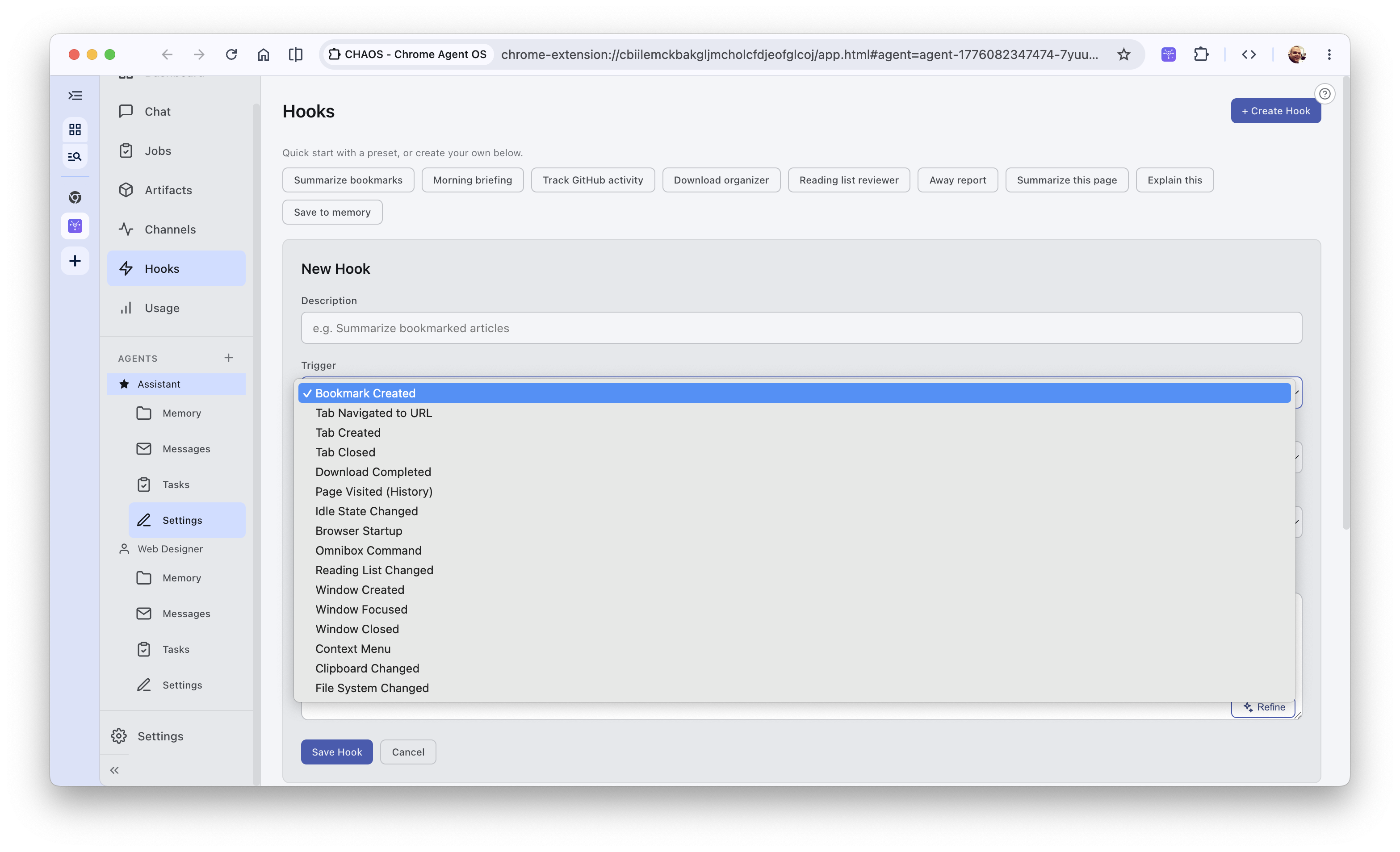 Granular browser-level events available as triggers when creating a new reactive hook