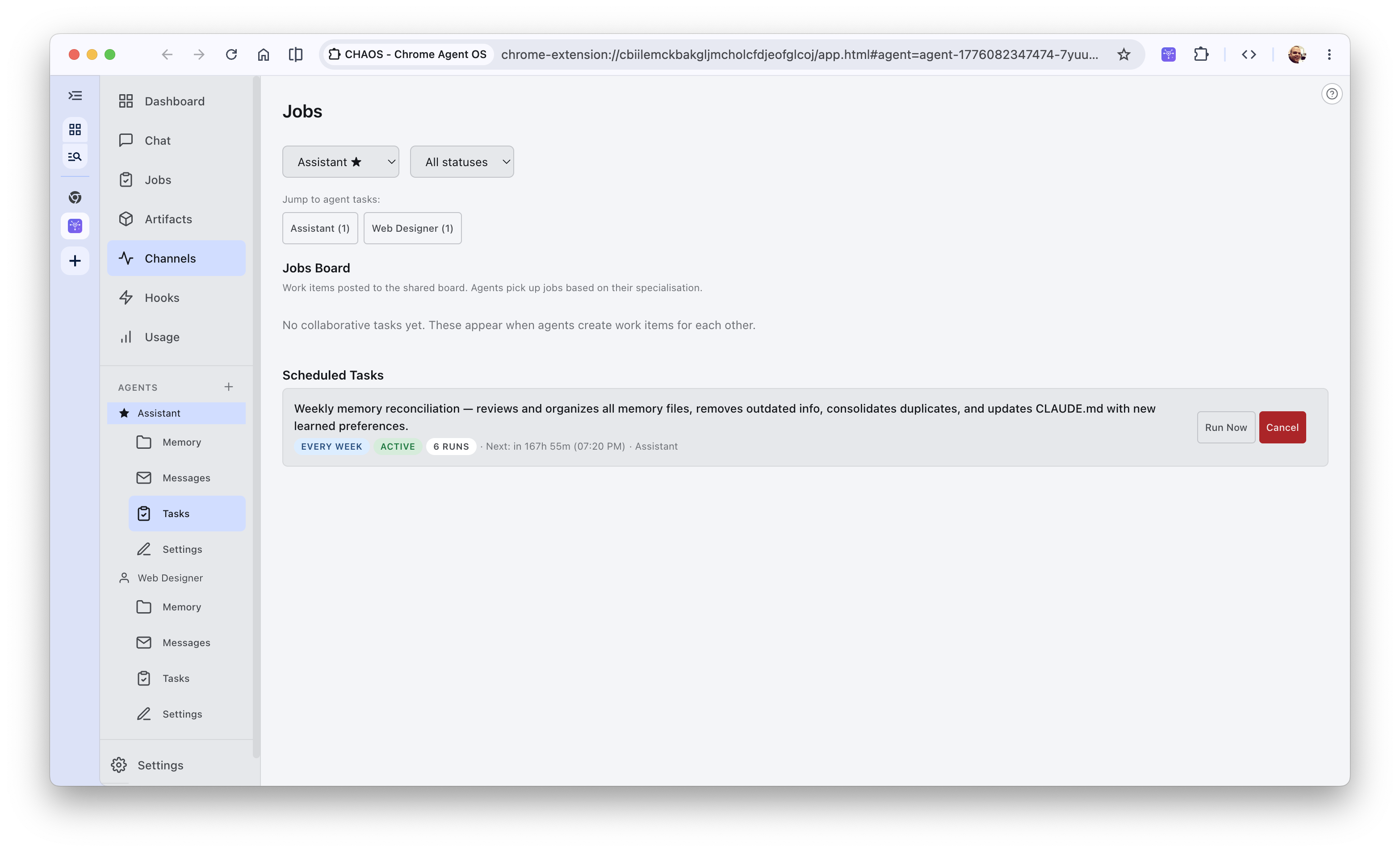 Scheduled tasks filtered specifically for the active Assistant agent