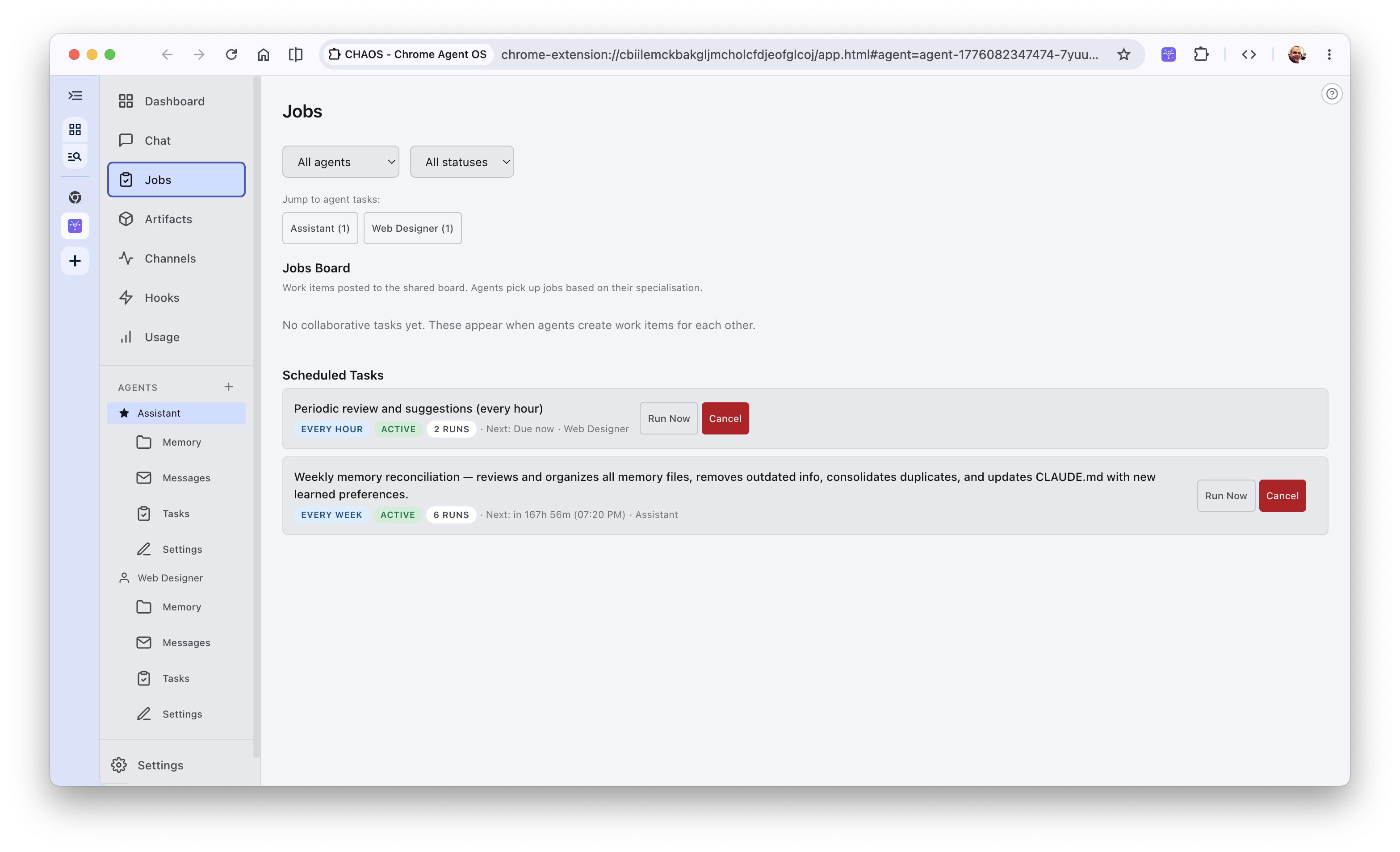 Unfiltered background jobs and scheduled task boards across all active agents